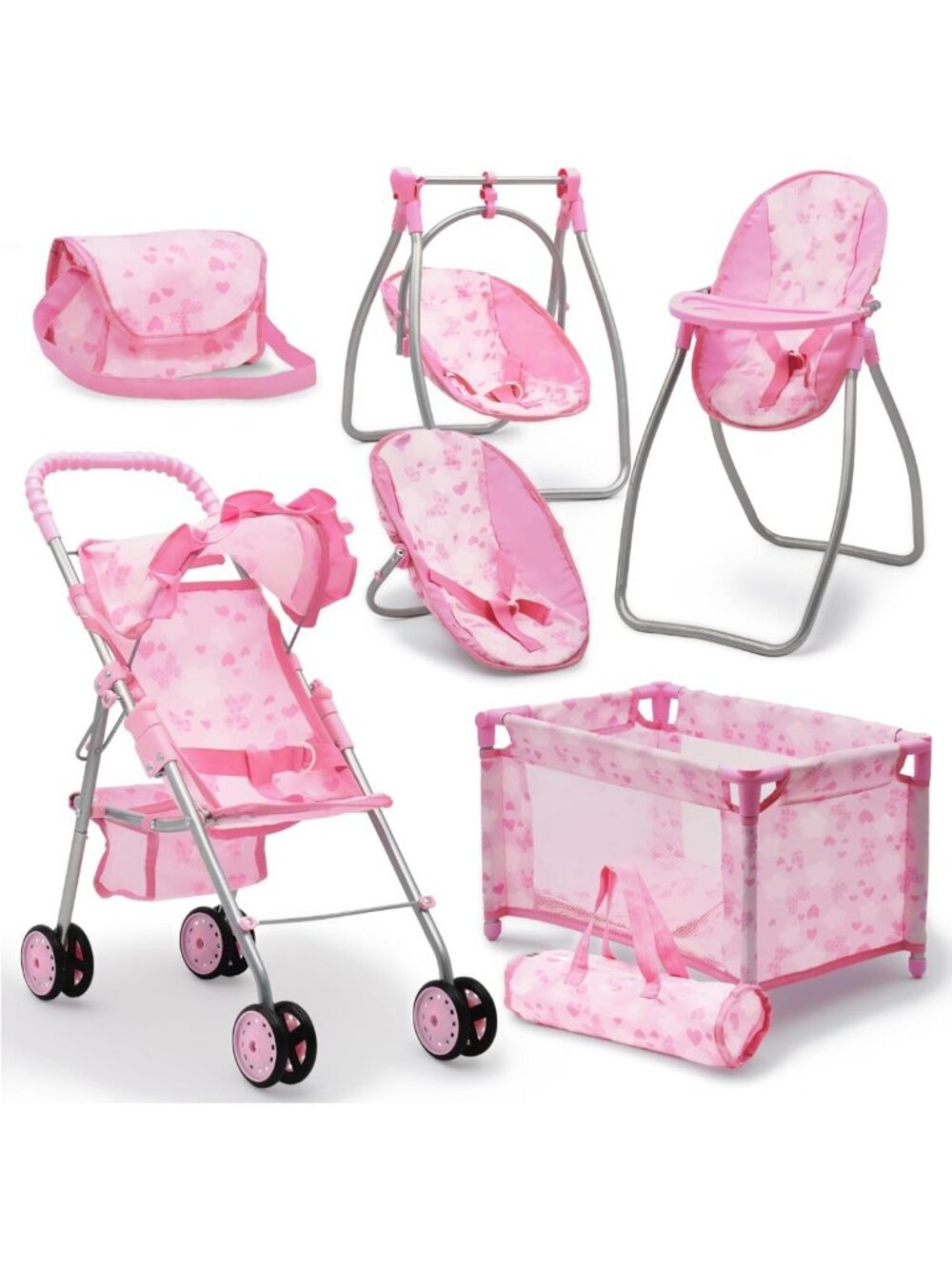 Deluxe Baby Doll Stroller, Swing & High Chair Playset with Diaper Bag